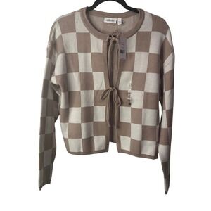NEW Willow Root Checkerboard Knit Cardigan Sweater Cream Taupe Tie Front Small